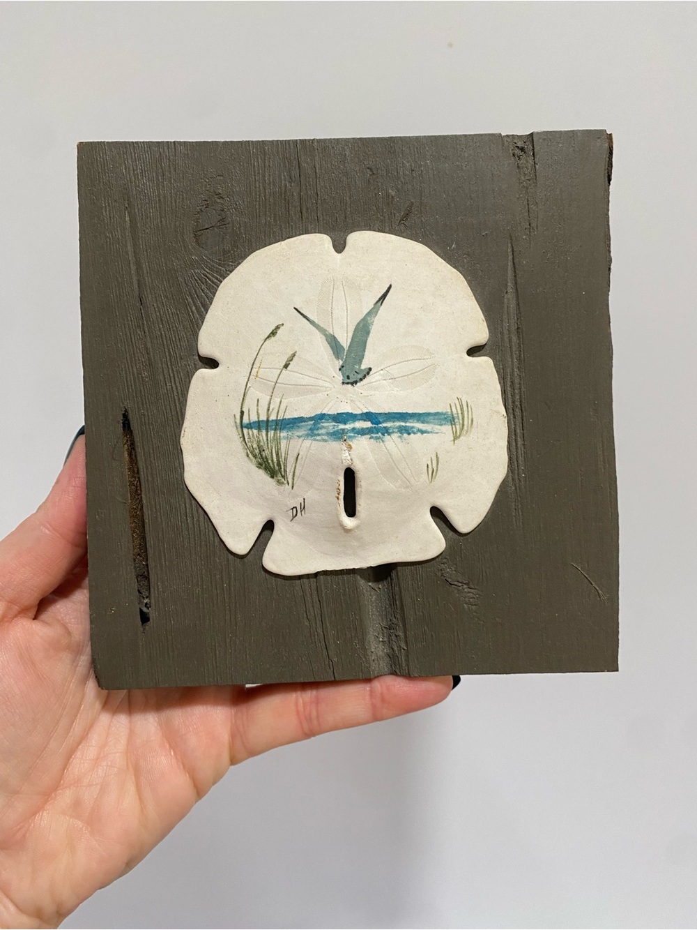 Sand Dollar Hand Painted Bird Beach Scene Signed Vintage Plaque Wall Hanging